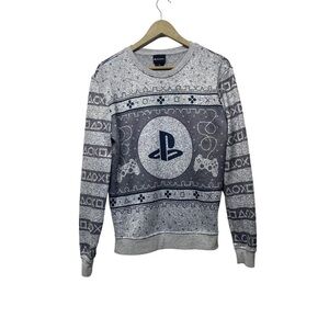 PlayStation Men’s Small Gray Graphic Long Sleeve Pullover Sweater Gaming Retro